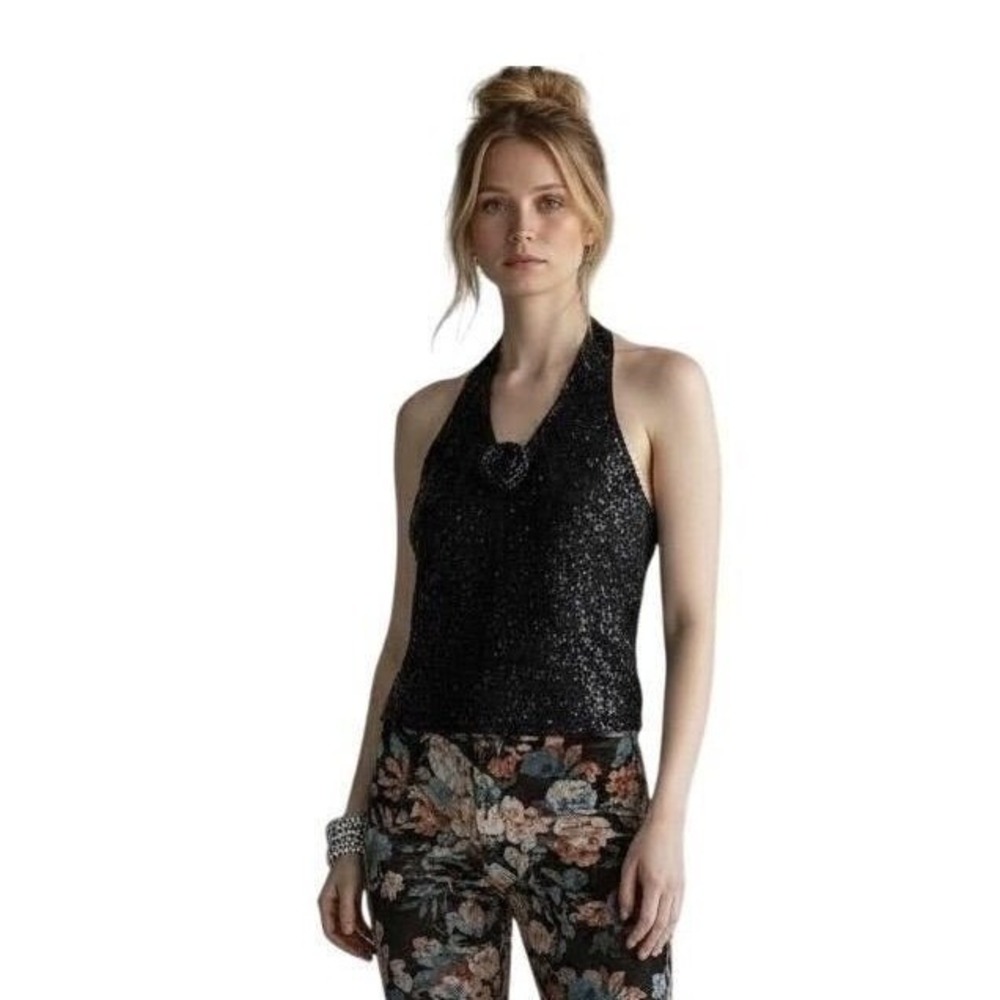 Vintage JKARA Women's Beaded Halter Top Black Size 6 Floral V-Neck‎ Romantic 90s